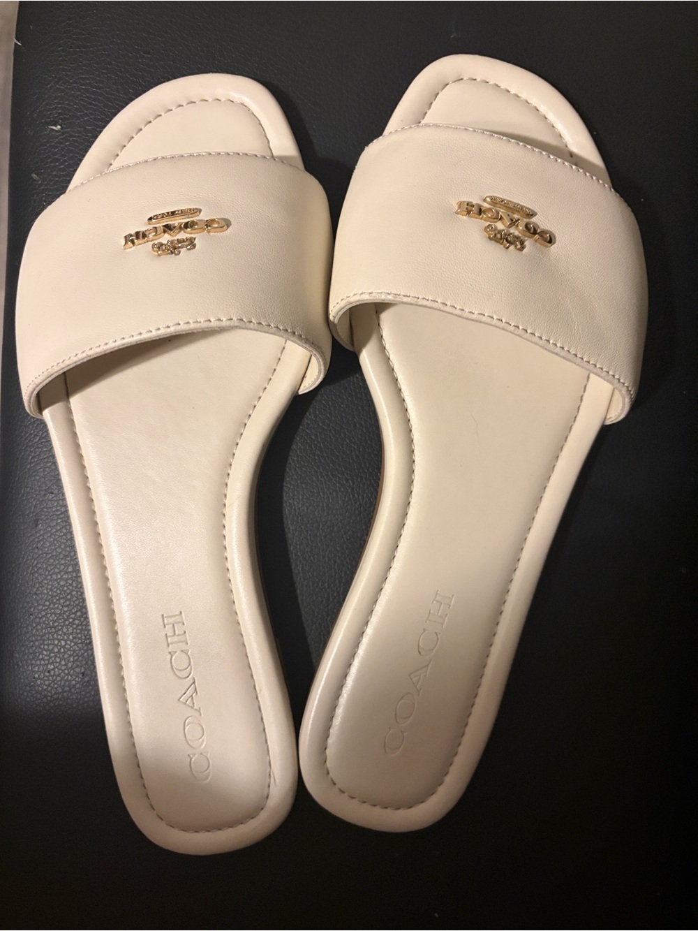 Coach Cream Slide Sandals with Gold Logo - Picture 2 of 4